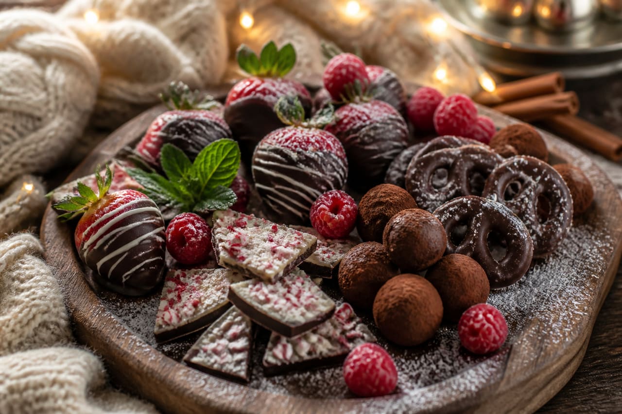 Assorted Homemade Chocolate Xmas Treats on a Rustic Platter