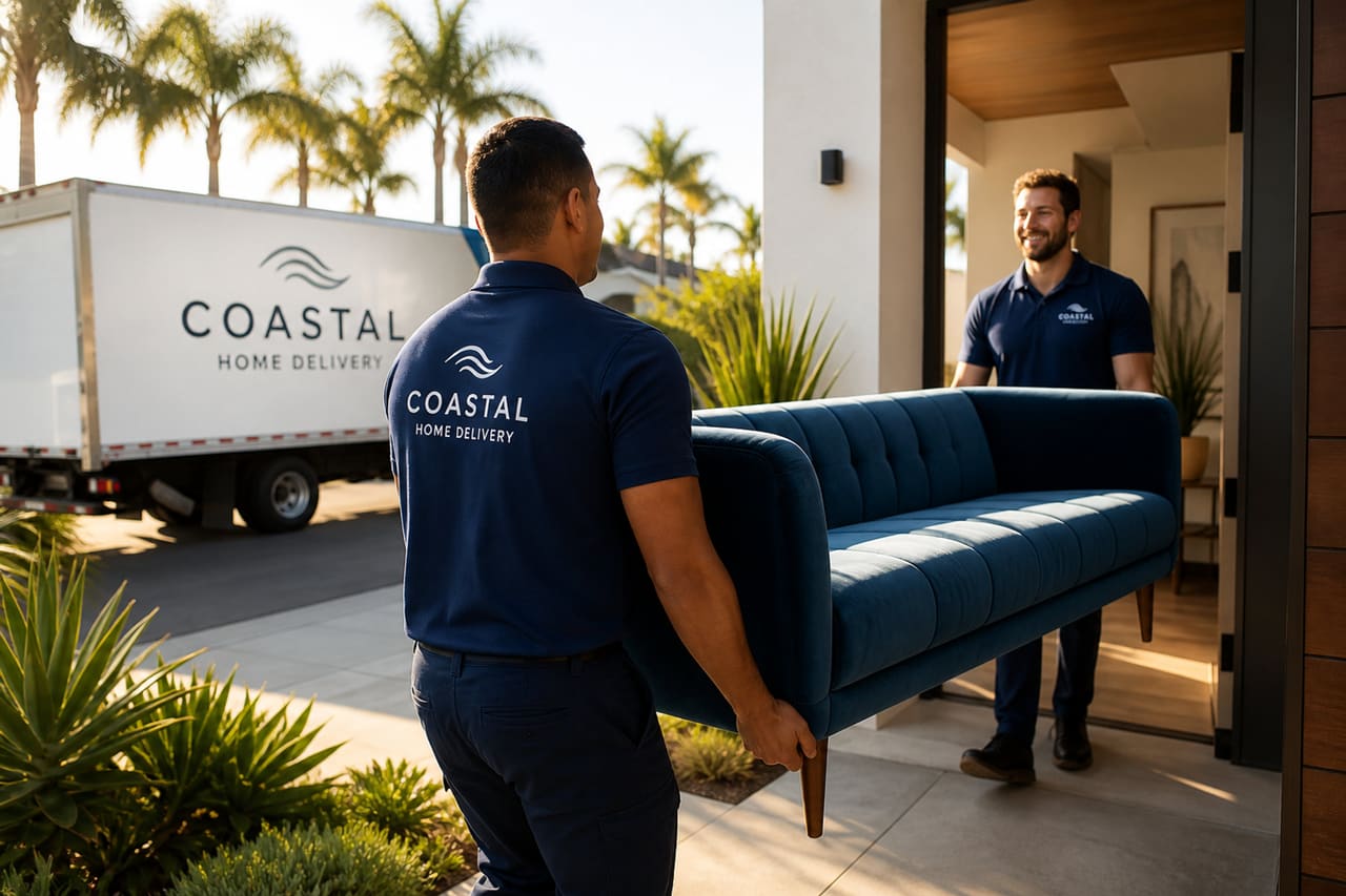Movers Delivering a Modern Sofa to a San Diego Home