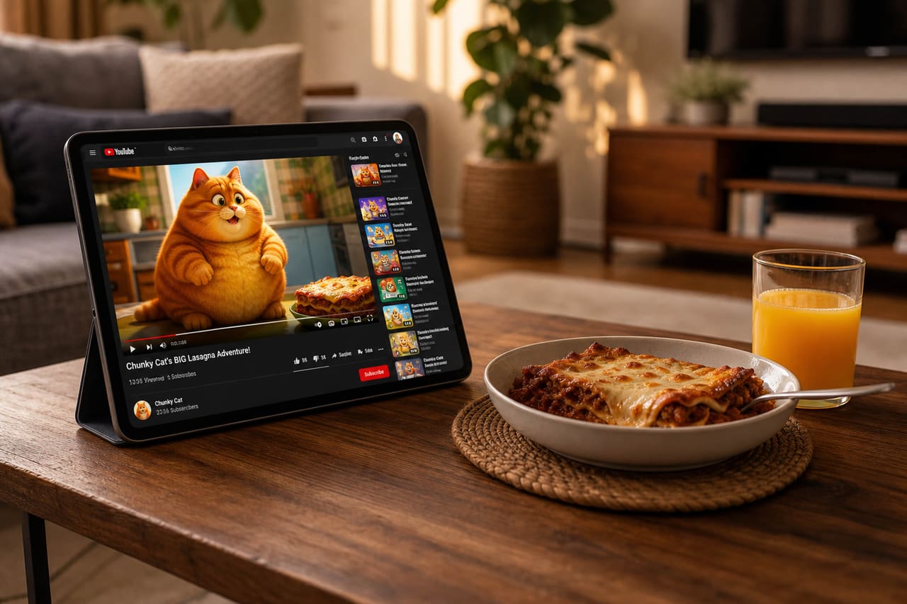 Tablet Displaying Animated Orange Cat Videos and Lasagna