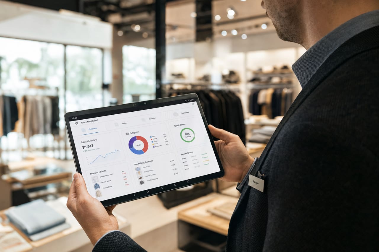 Store Manager Using Android Tablet in Modern Retail Shop