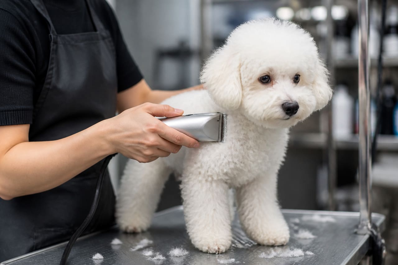 Professional Groomer Clipping a White Poodle Puppy