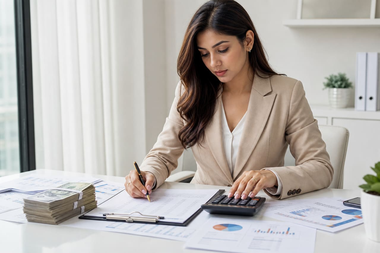 Professional Woman Reviewing Financial Statements with Cash on Desk