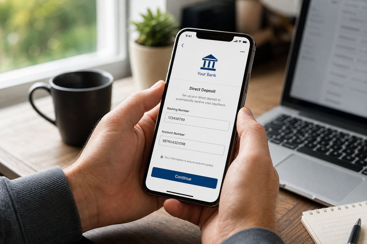 Person Accessing Direct Deposit Routing Number on Mobile App