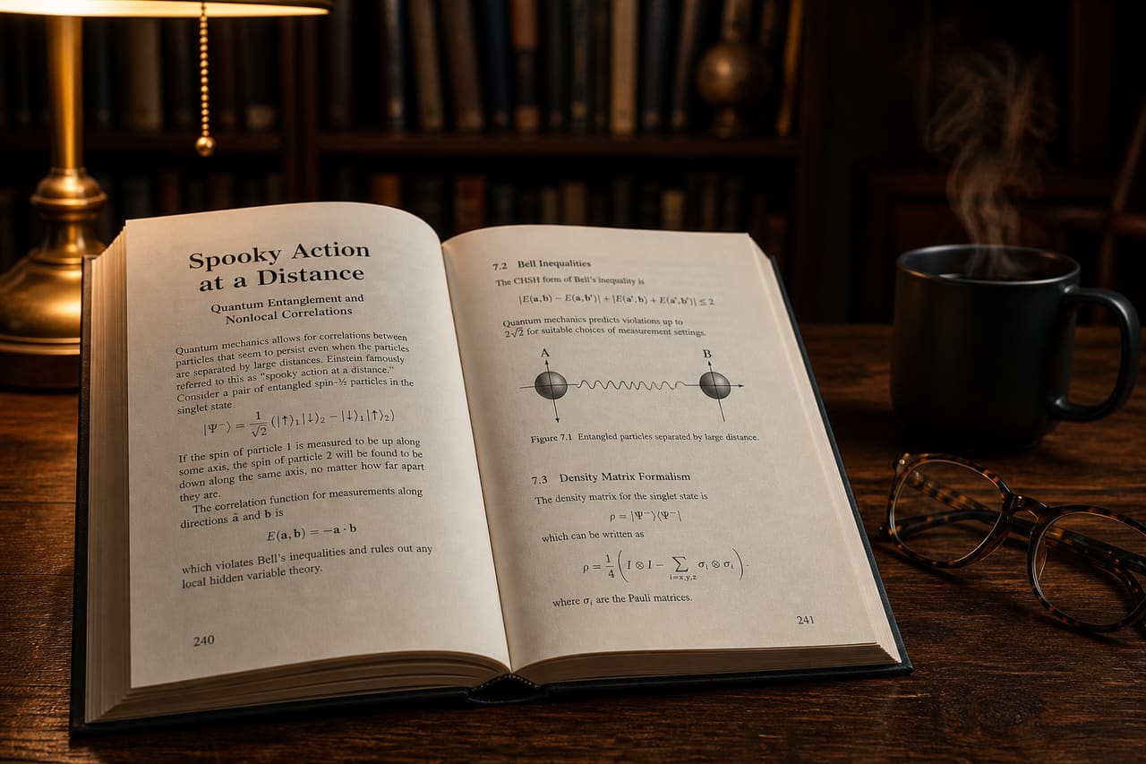 Open Physics Book on Quantum Entanglement on a Wooden Desk