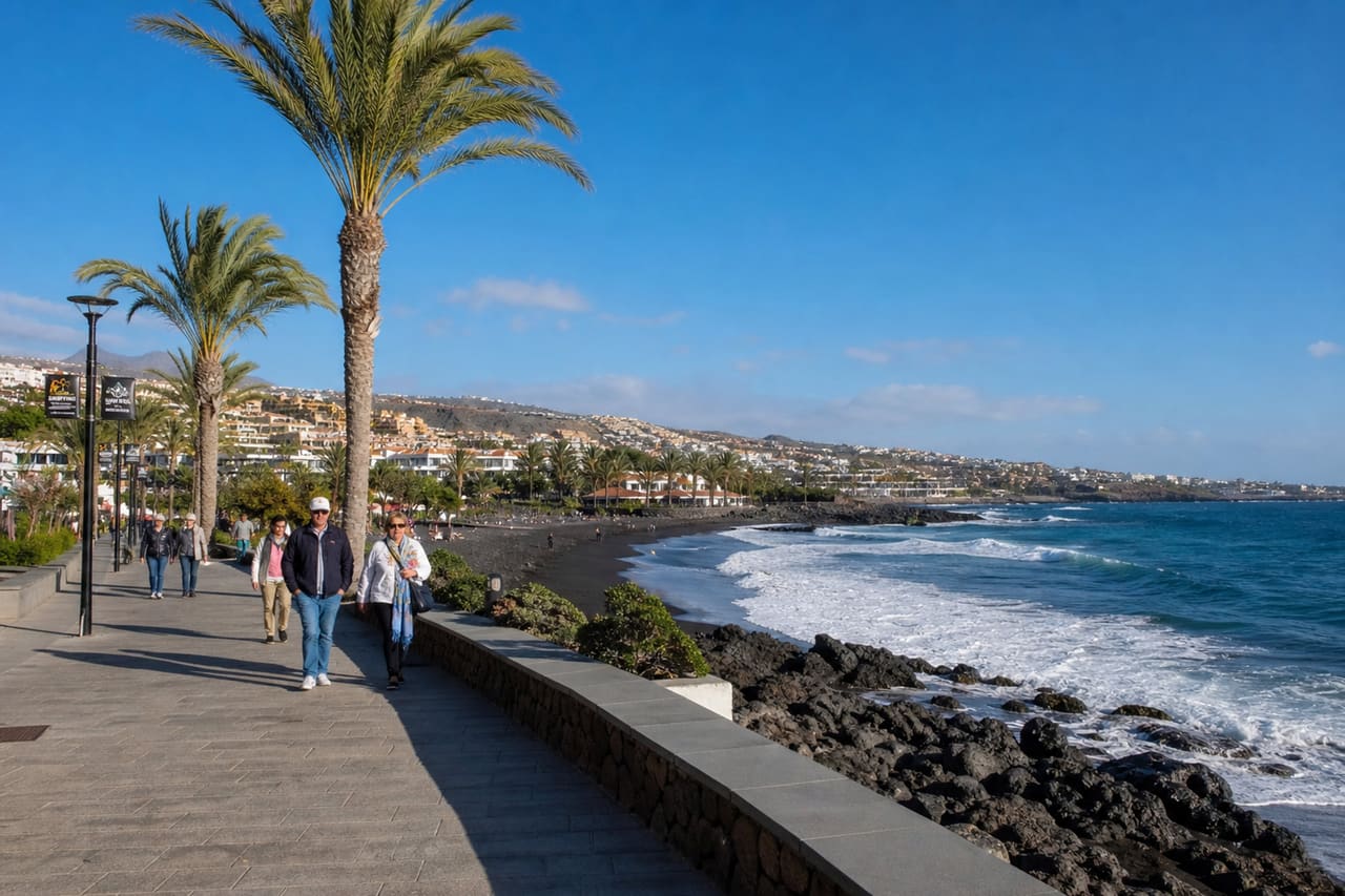 Sunny Beach Promenade and Coastline in Costa Adeje Tenerife