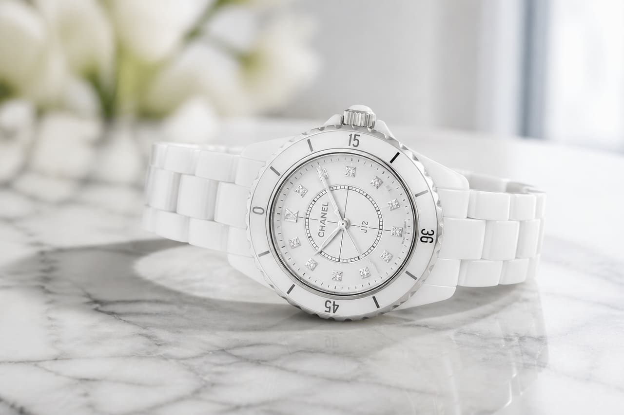 Elegant White Ceramic Watch on a Marble Surface