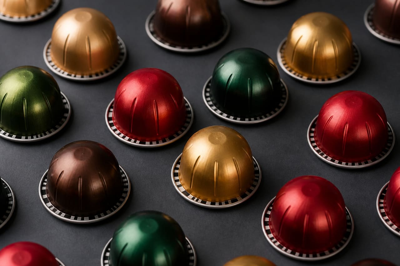 Assorted Coffee Capsules Arranged on a Dark Surface
