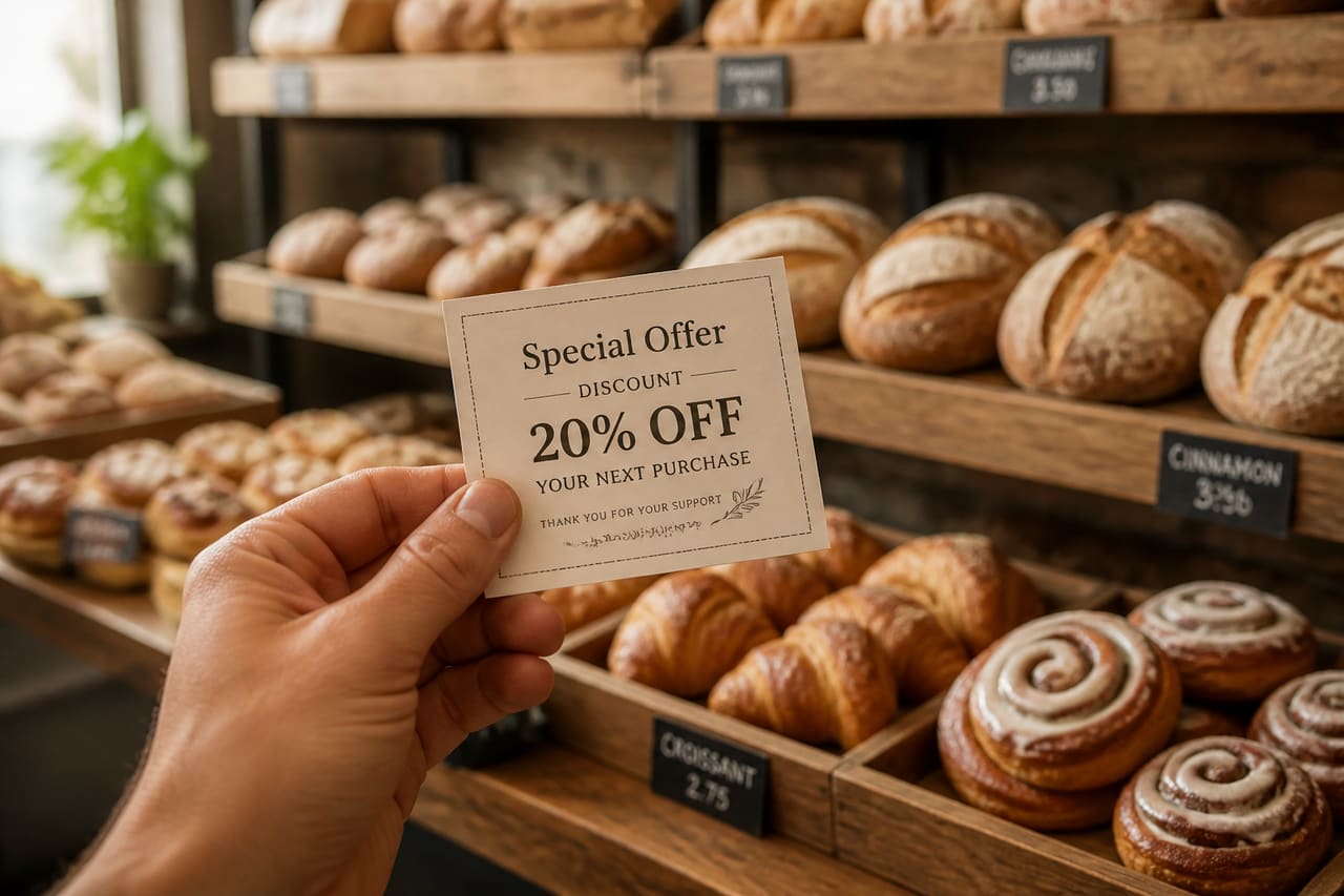 Person Holding a Discount Coupon in a Gourmet Bakery