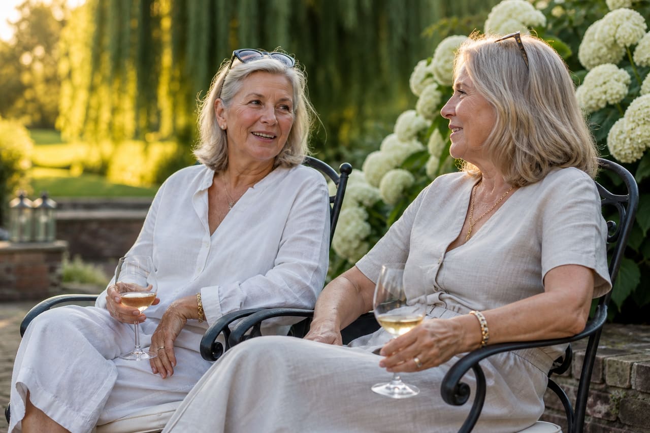 Two Mature Women Conversing in a Sunlit Garden