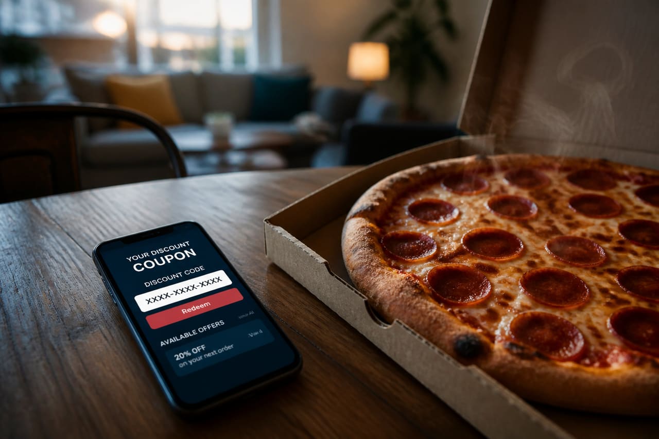 Smartphone Displaying Discount Code Next to Pepperoni Pizza