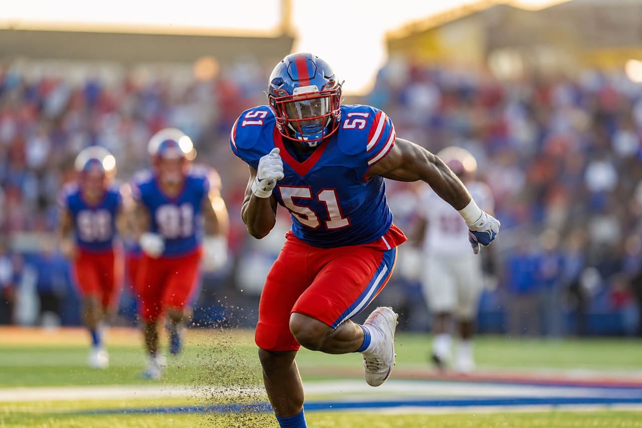 College Football Linebacker Making a Tackle on the Field