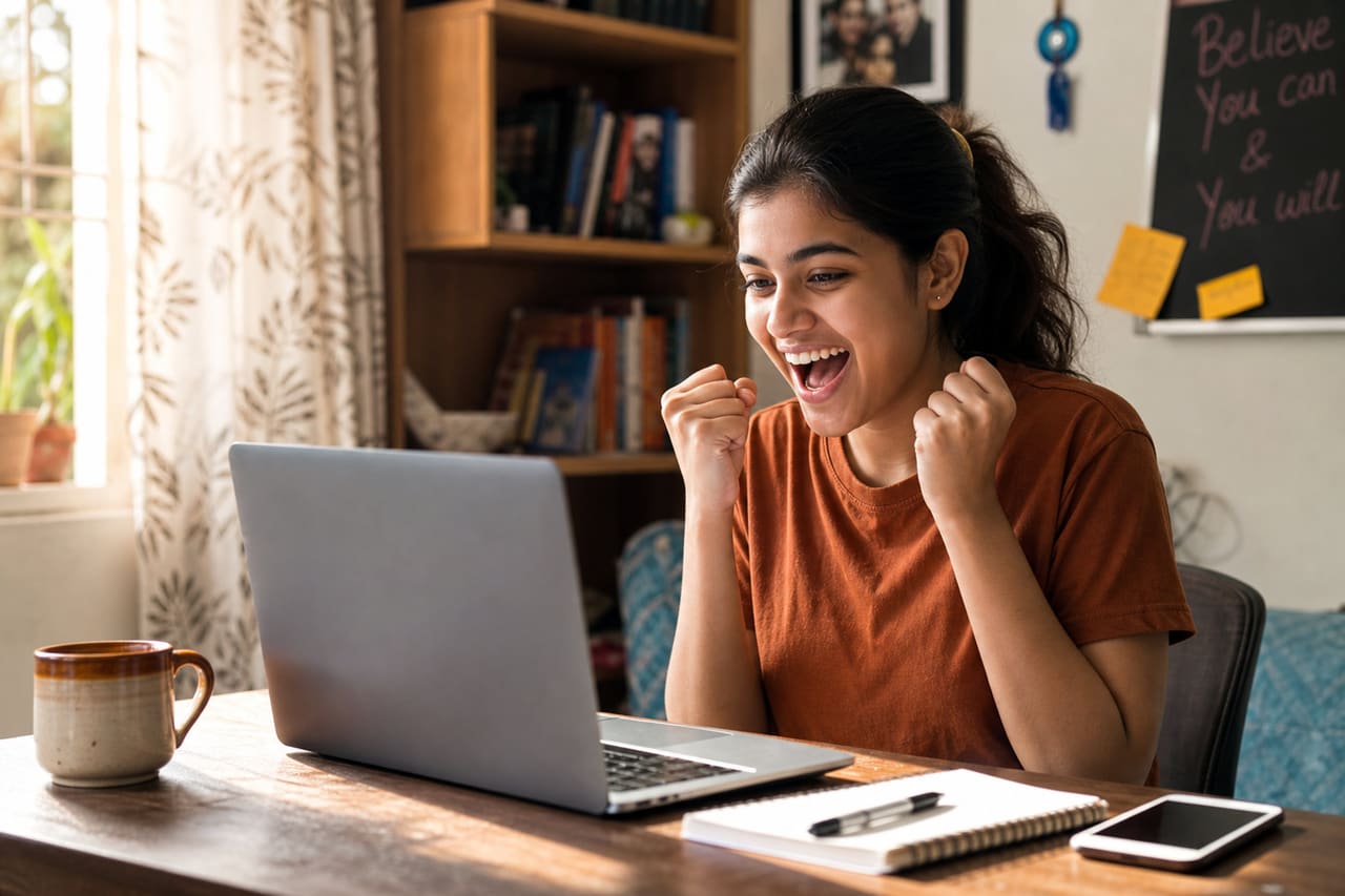 Indian Student Checking B.ed Exam Results on Laptop
