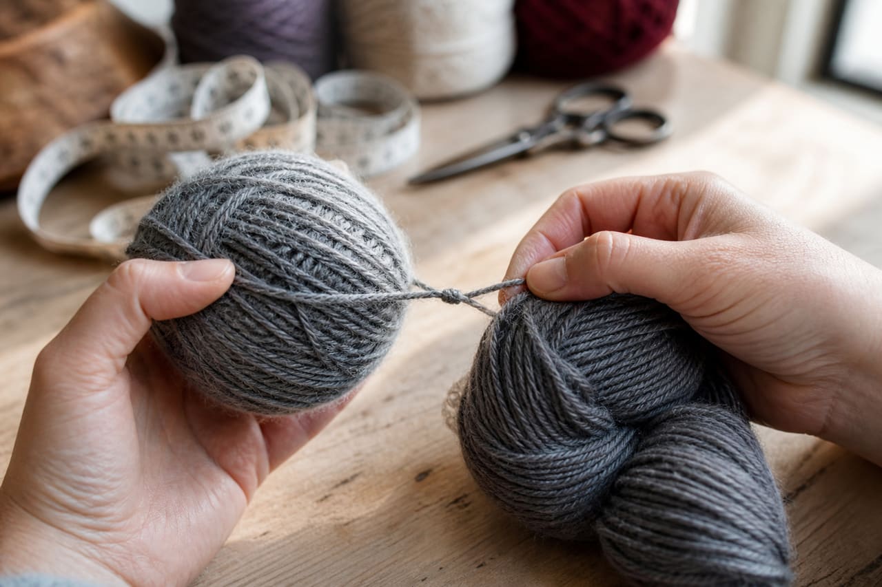 Hands Joining a New Ball of Wool on Wooden Table