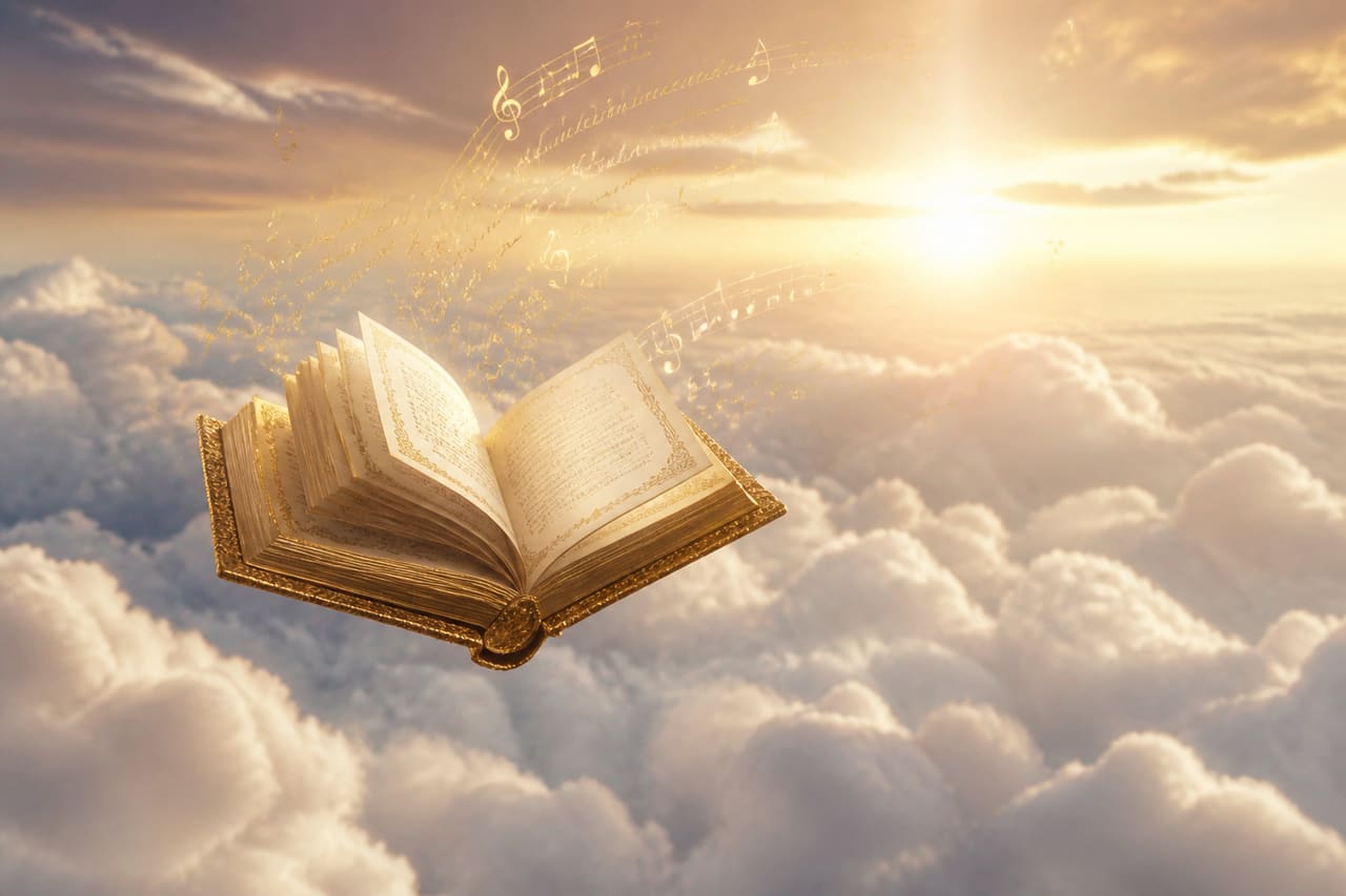 Floating Golden Book of Lyrics in a Celestial Cloudscape