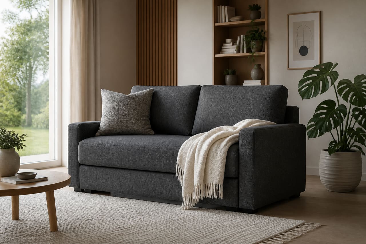 Grey Fabric Two Seater Sofa Bed in a Modern Living Room