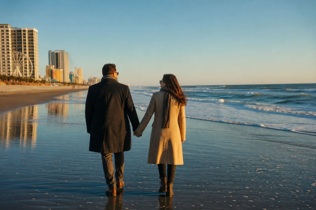 Couple Walking Along Myrtle Beach Shoreline in Winter Clothing