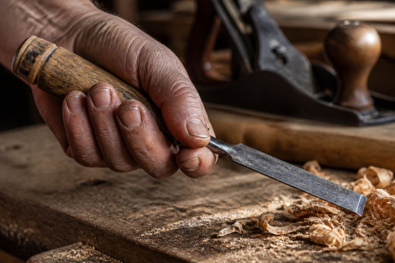 Carpenter's Hand Holding a Chisel on a Wooden Workbench