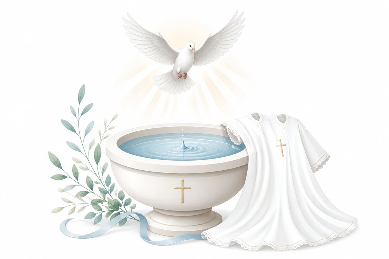 Symbolic Baptismal Font and White Gown Vector Illustration