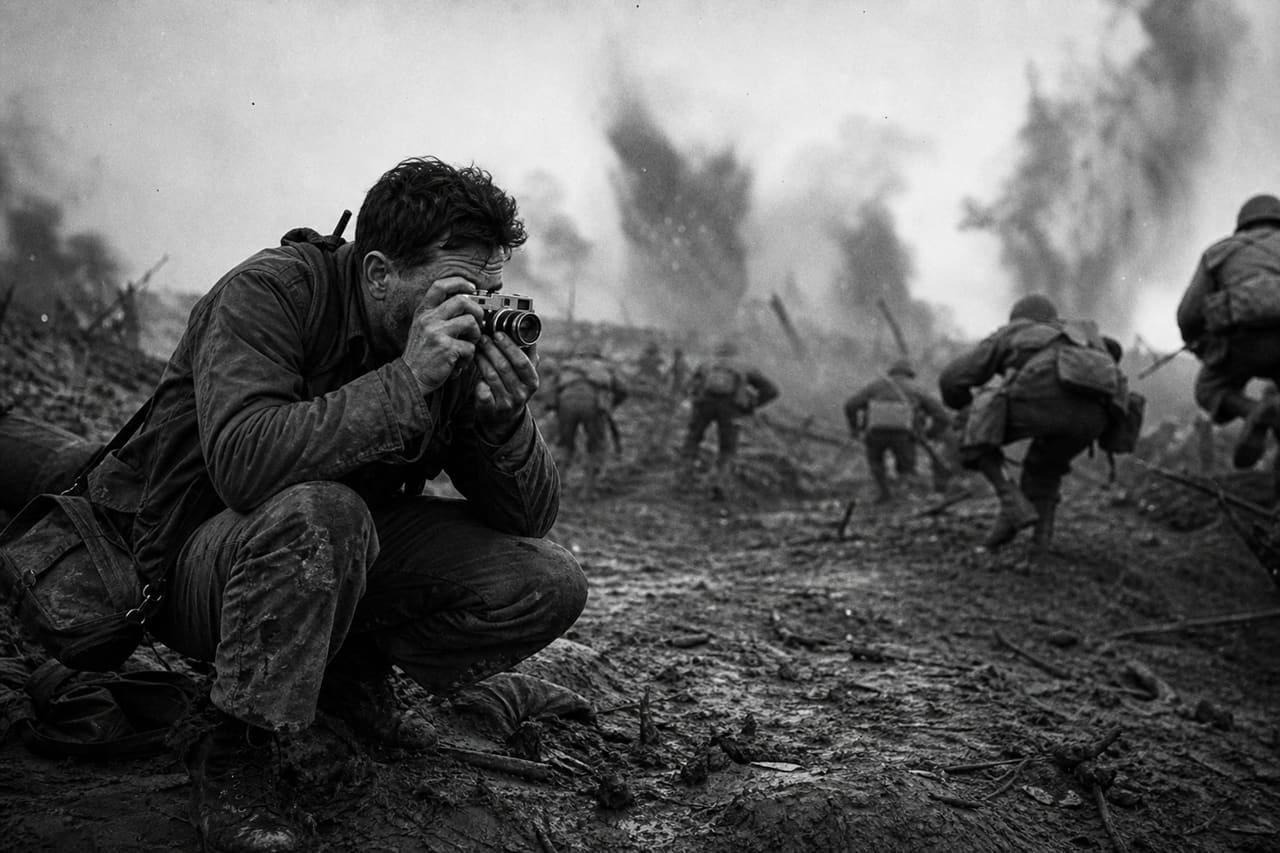 Combat Photographer Capturing Action on a Chaotic Battlefield