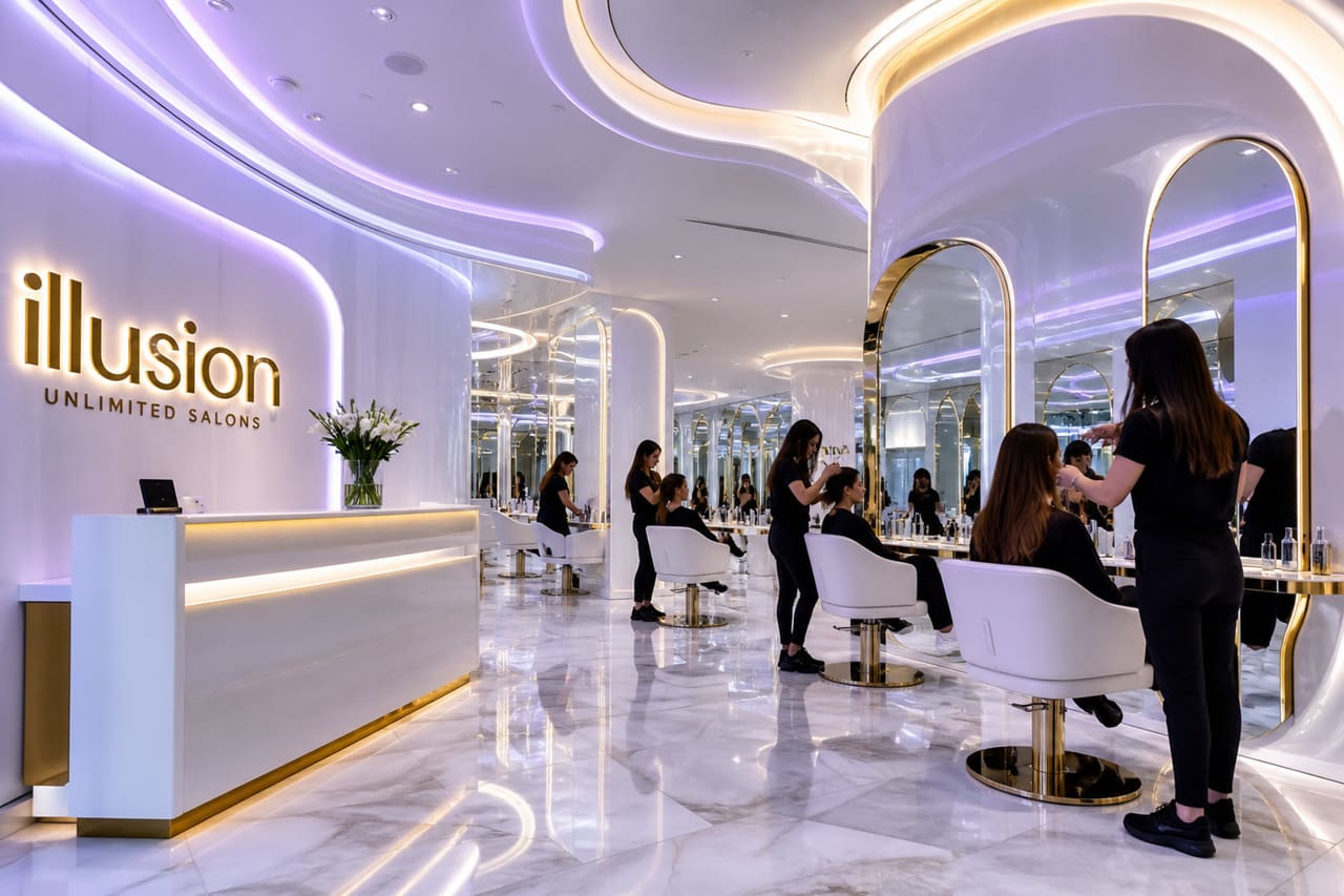 Futuristic Interior of a Luxury Beauty Salon with Mirrored Walls