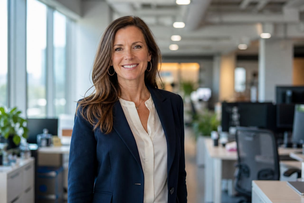 Professional Woman Standing in a Modern Corporate Office