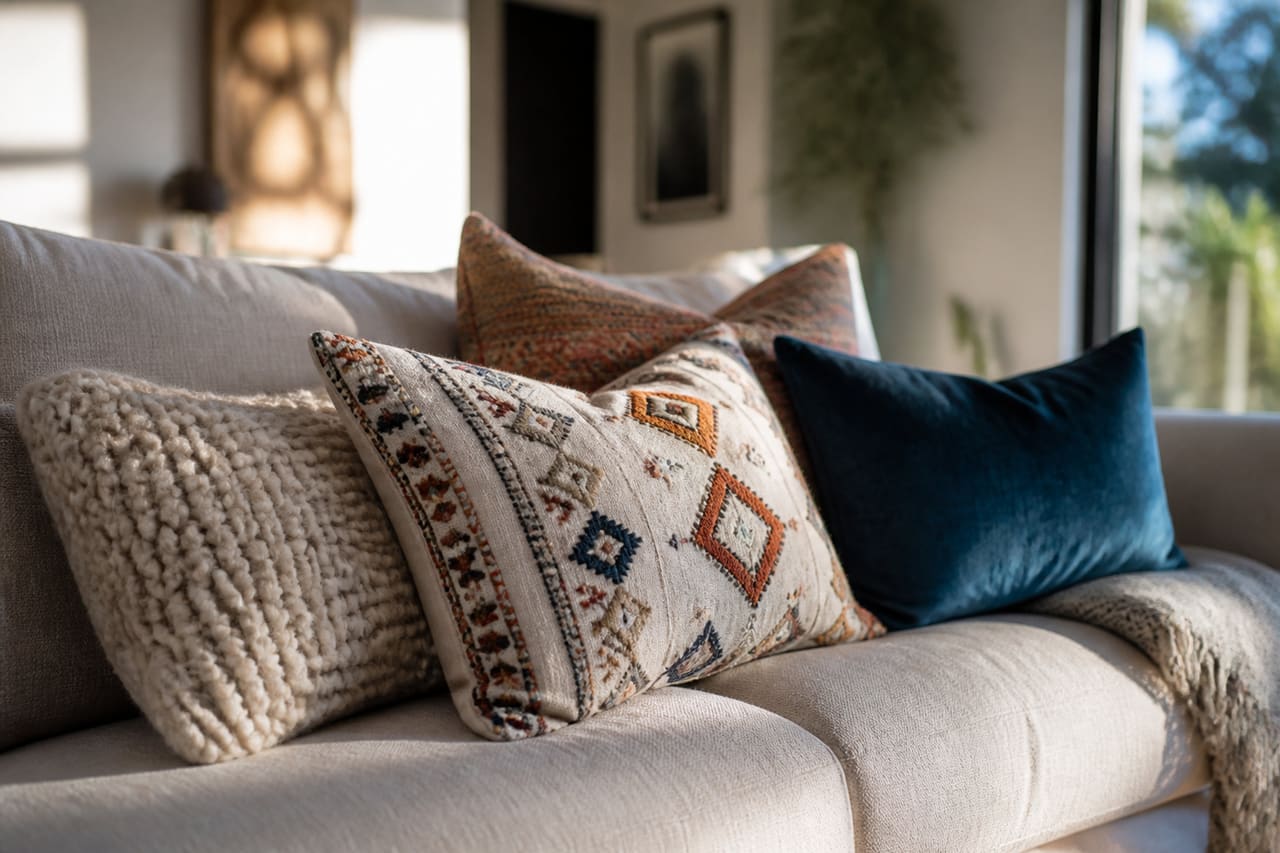 Unique Scatter Cushions Arranged on a Modern Linen Sofa