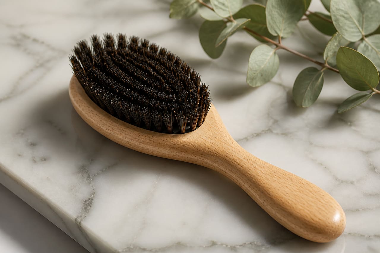 Wooden Hairbrush with Natural Bristles on a Marble Surface