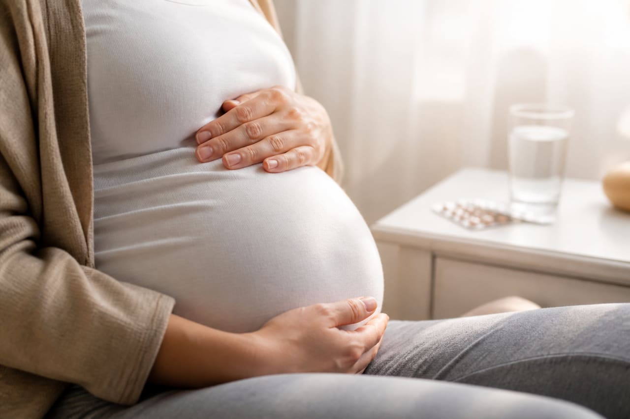Pregnant Woman Cradling Belly Near Prenatal Supplements