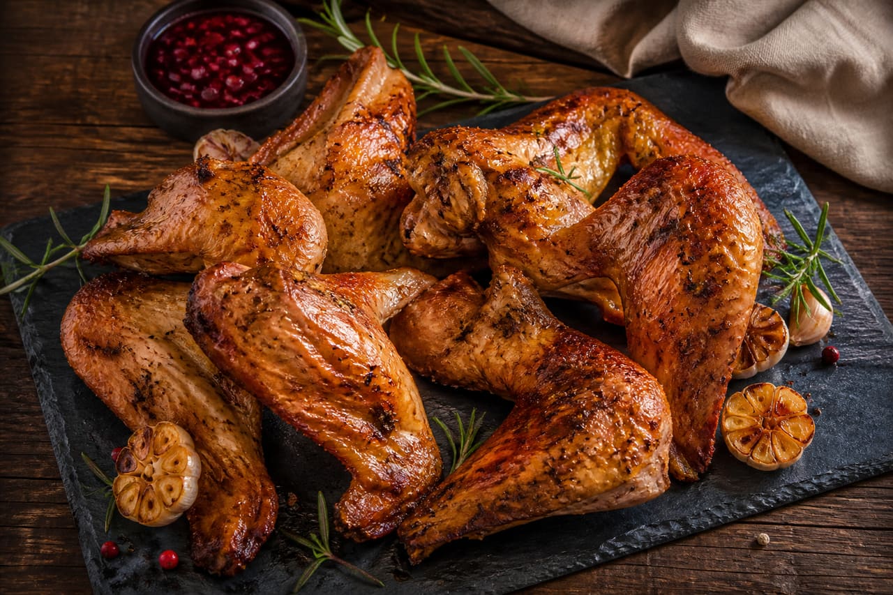 Crispy Oven Roasted Turkey Wings on a Rustic Platter