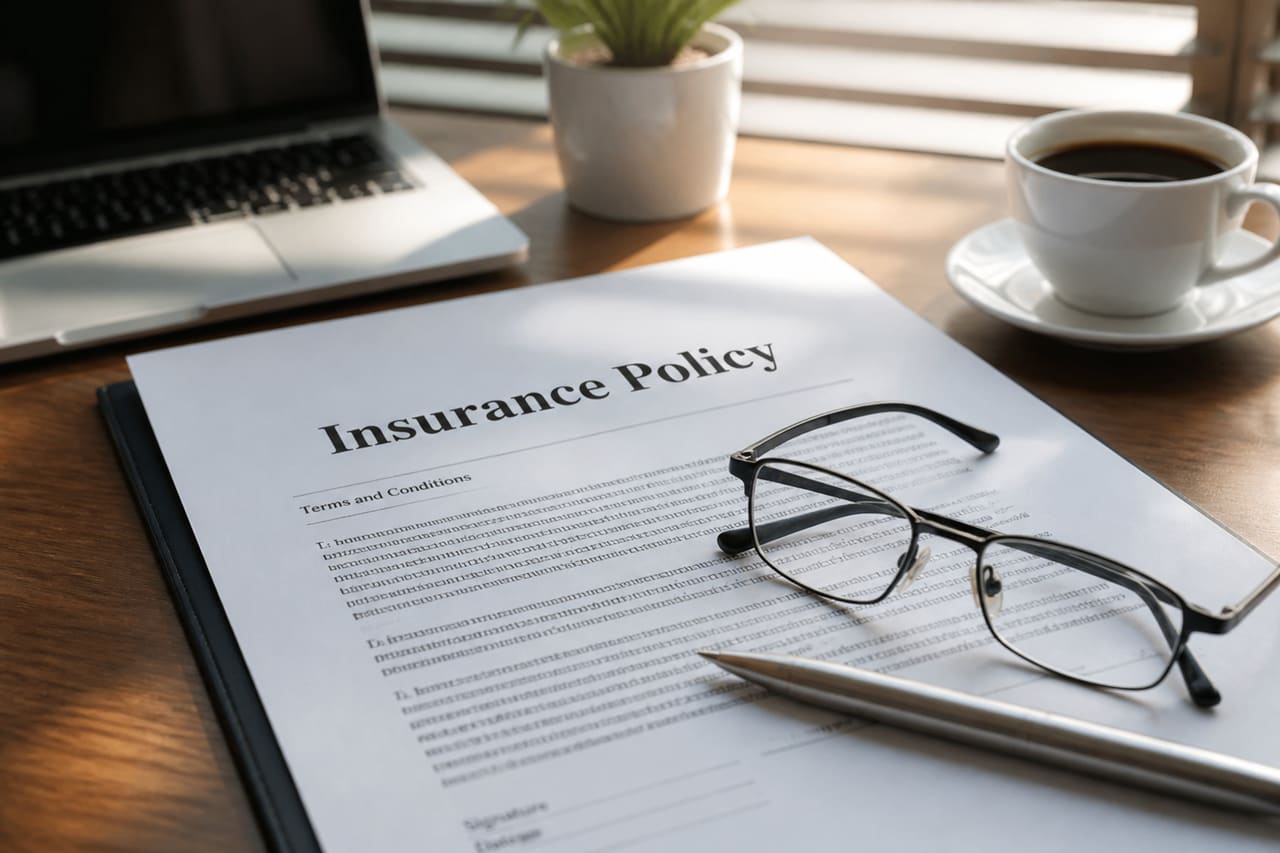 Insurance Policy Document with Pen and Glasses on Desk