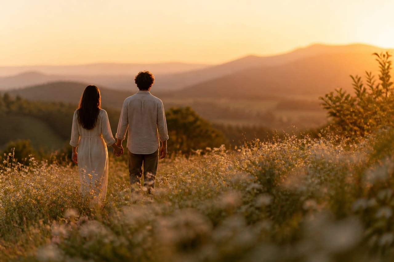 Romantic Couple Embracing in a Golden Hour Meadow