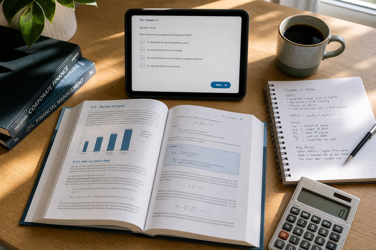 Student Studying Mba Test Preparation Materials at a Wooden Desk