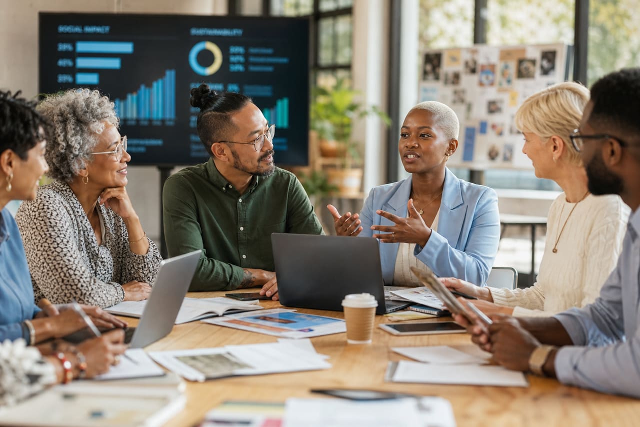 Diverse Team Collaborating on Grant Proposals in Modern Office