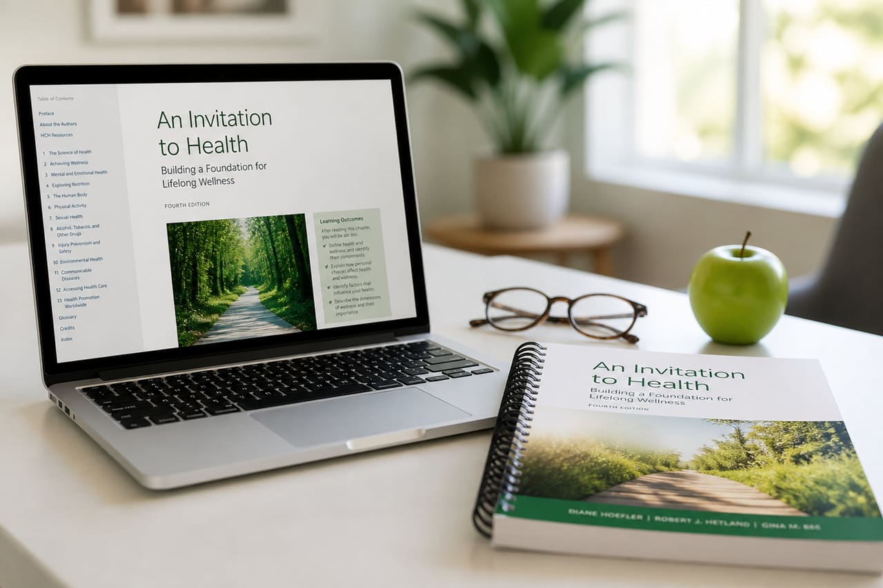 Digital and Printed Health Textbook on a Modern Desk