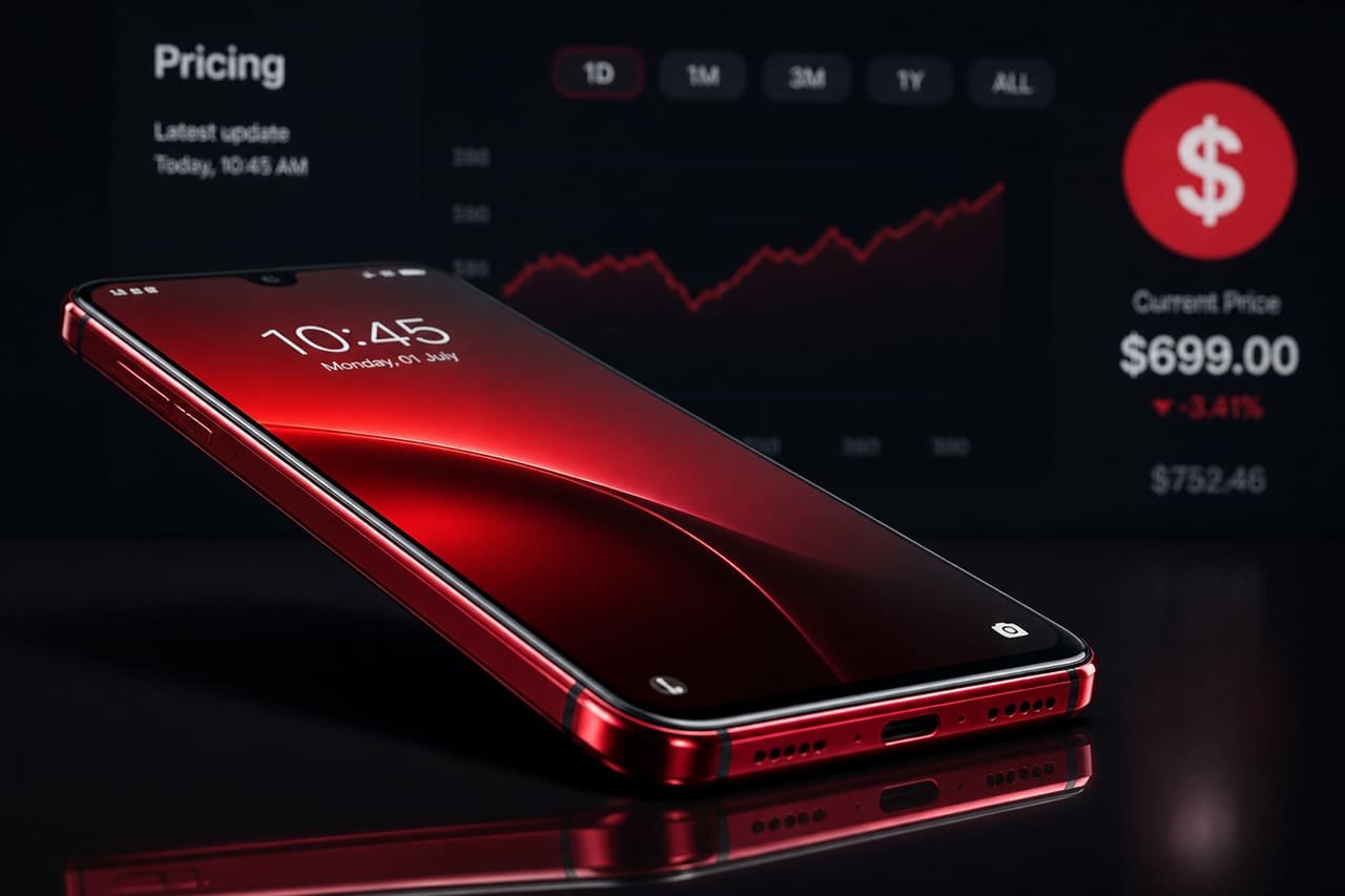 Modern Red Smartphone on Reflective Surface with Pricing Context