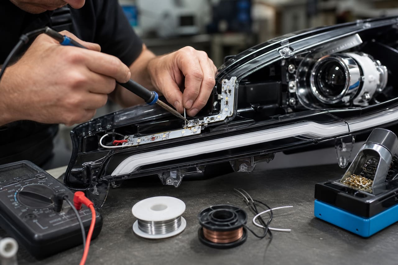 Technician Installing Custom LED Drl Lights in Car Headlight