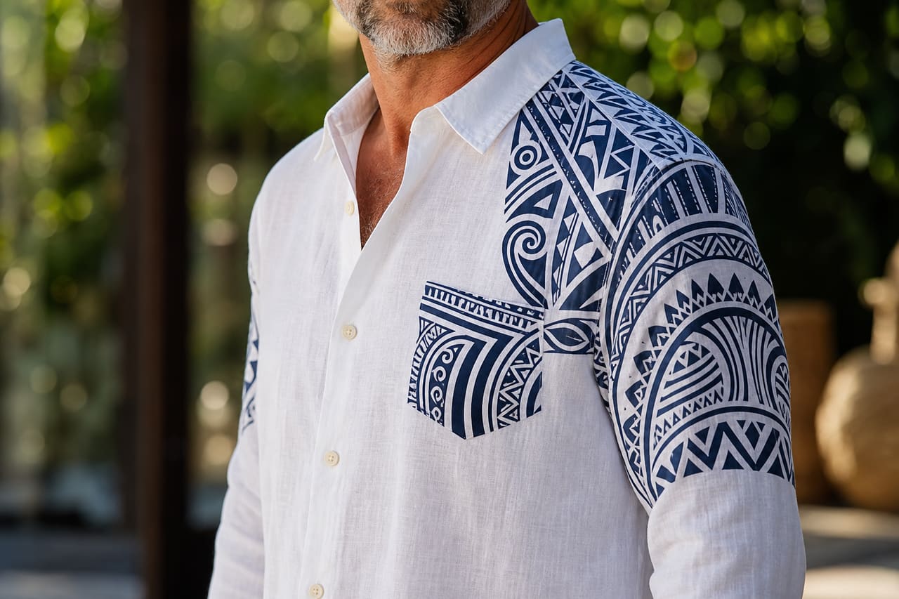 Man Wearing a White Button Down Shirt with Polynesian Tattoo Patterns
