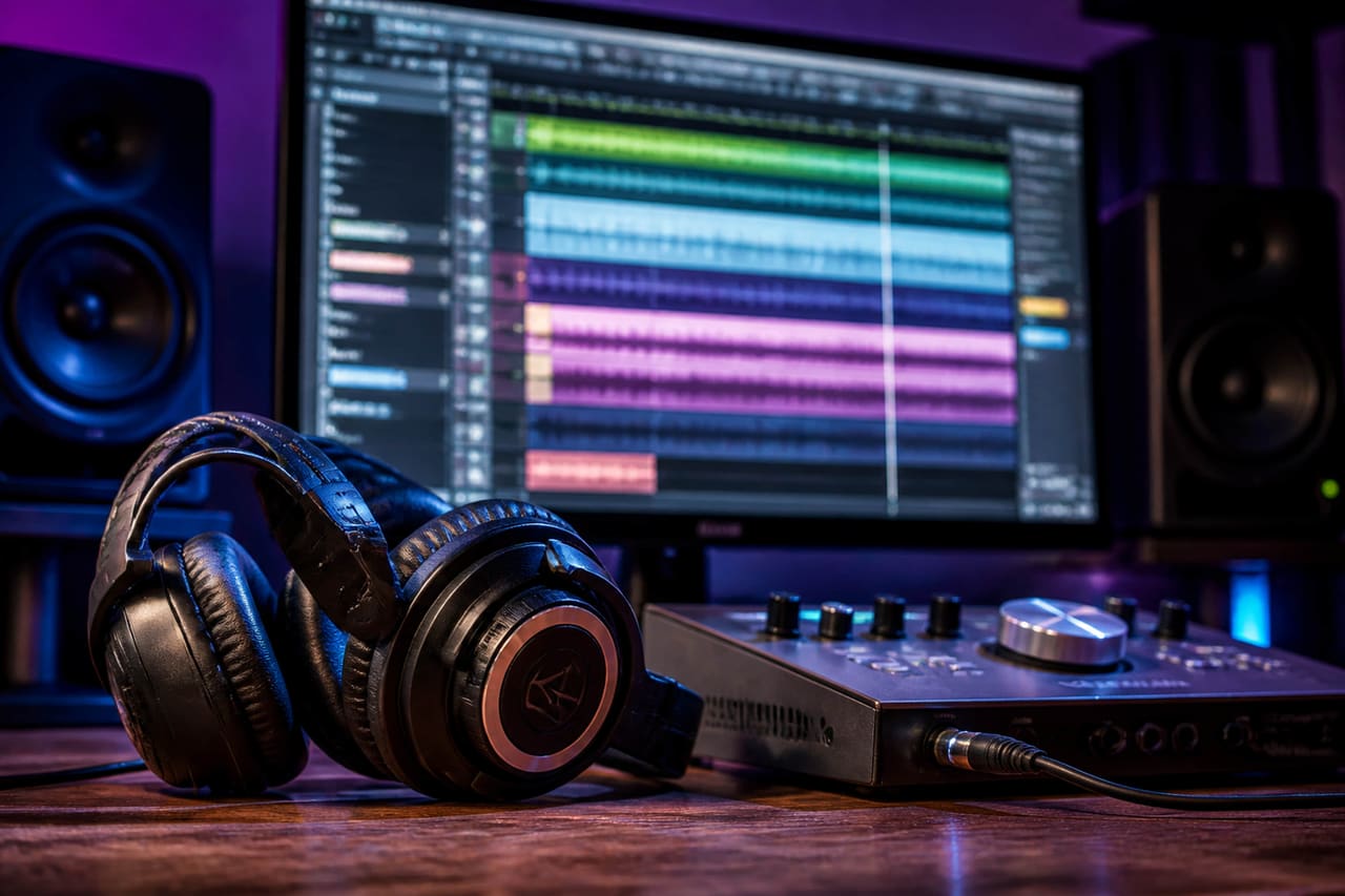 Professional Audio Setup with Digital Waveform on Monitor