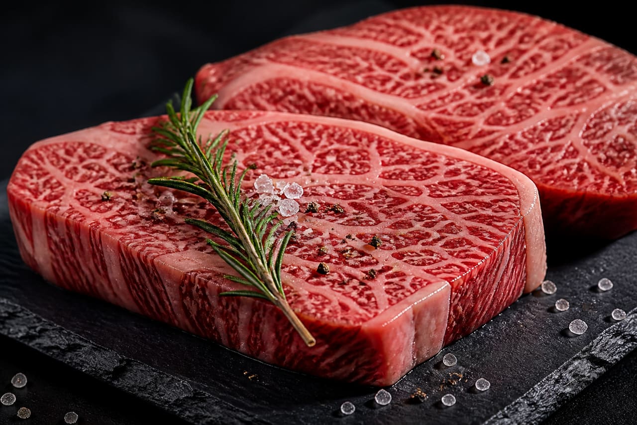 Premium Marbled Wagyu Beef Steaks on a Dark Slate Platter