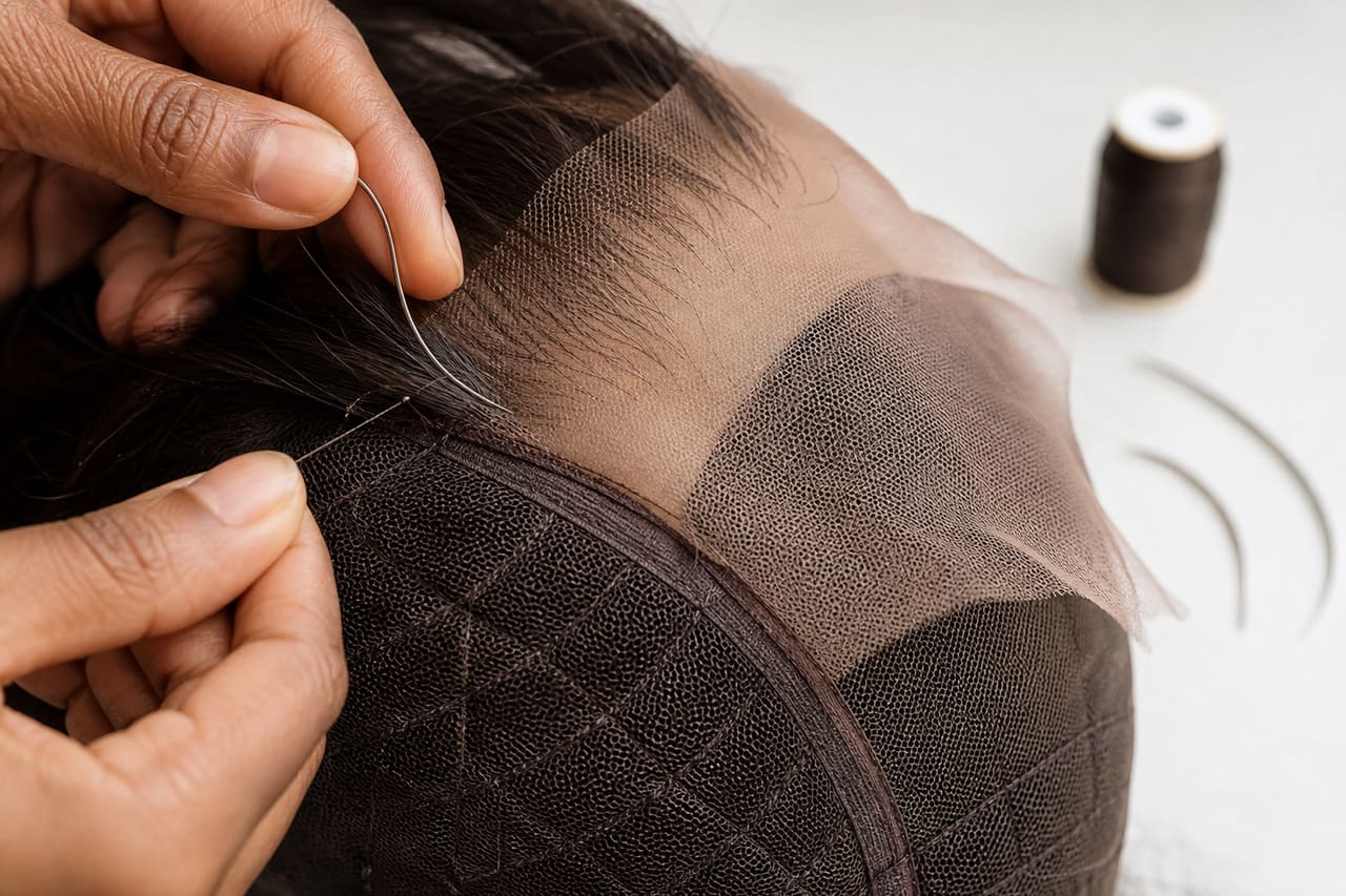 Stylist Stitching a Thin Lace Closure on a Workbench