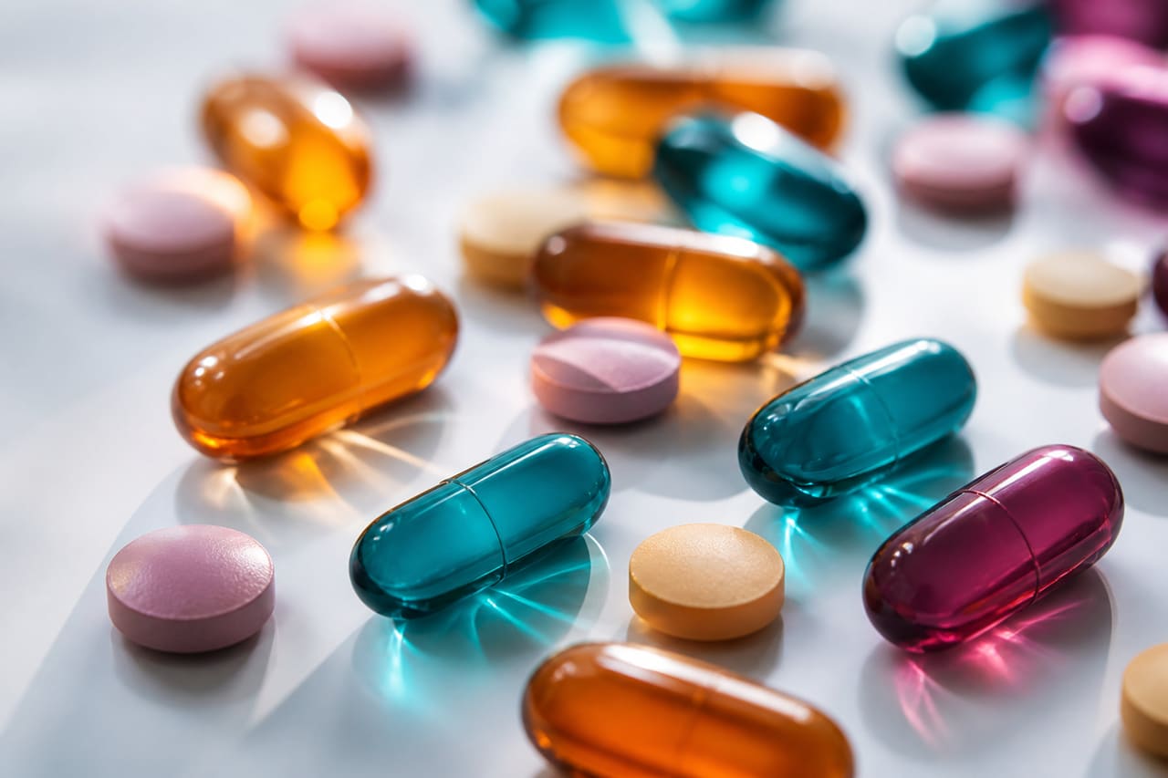Colorful Pharmaceutical Capsules and Tablets on White Reflective Surface