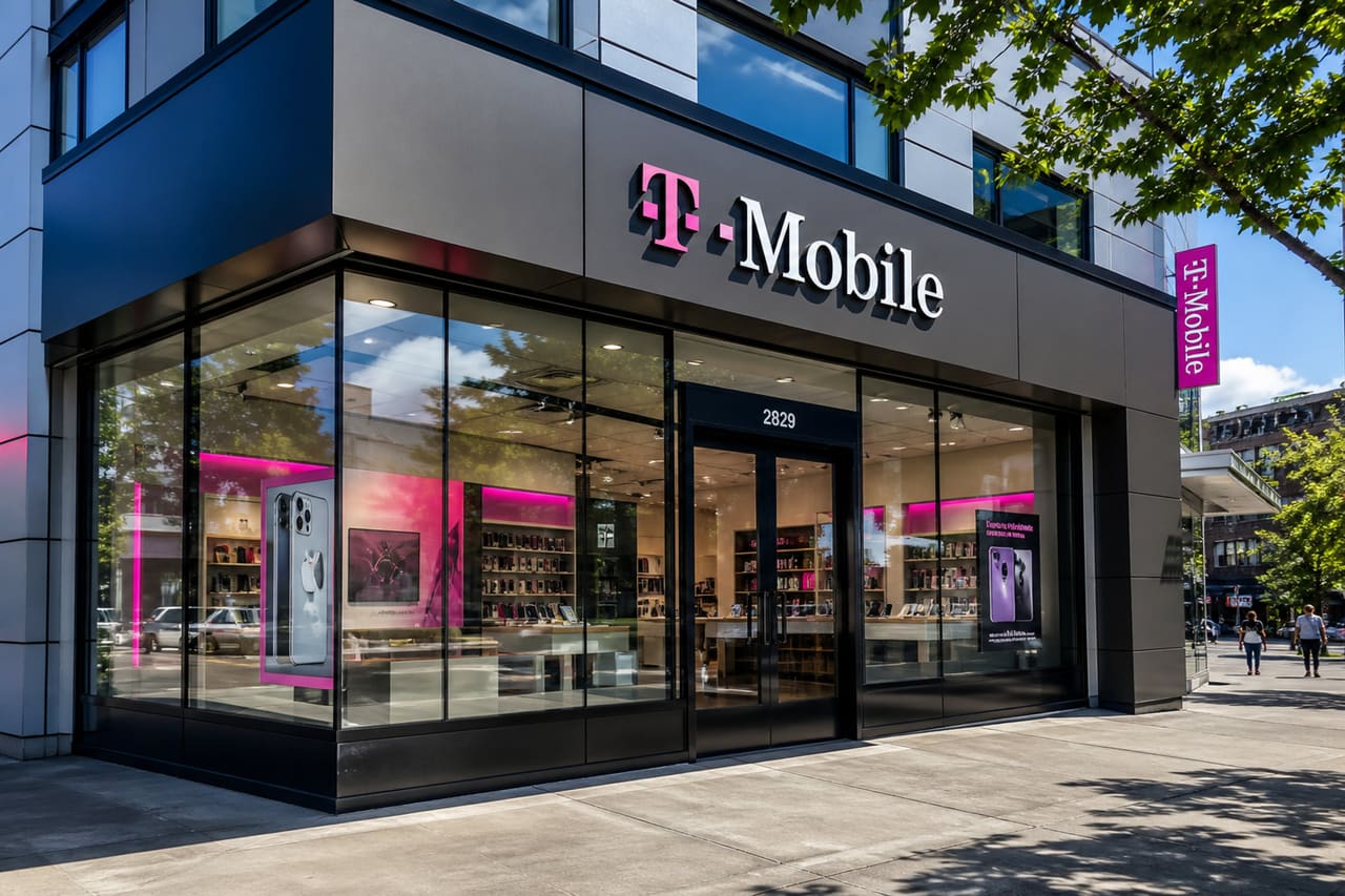 Modern Mobile Phone Storefront on an Urban Street Corner