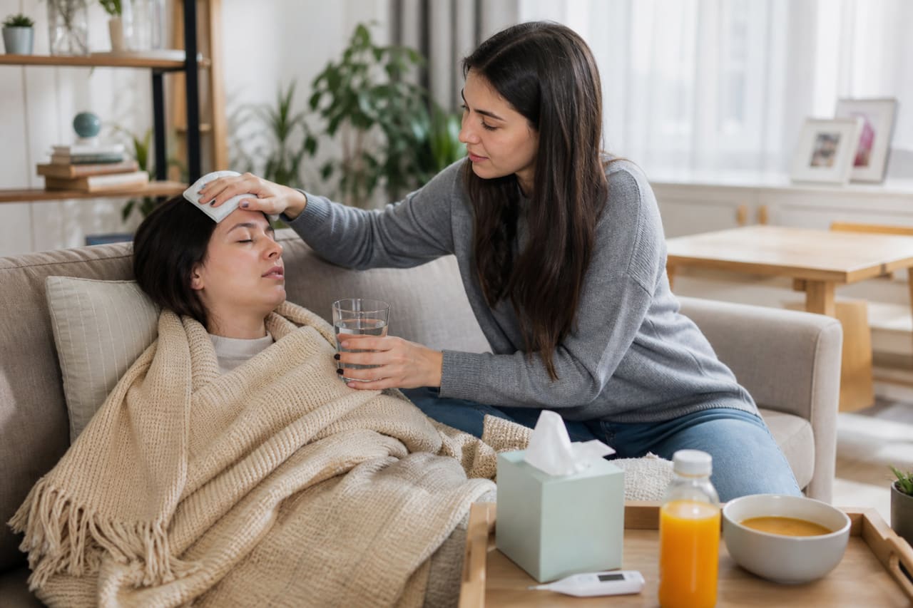 Woman Caring for a Sick Friend on a Living Room Sofa
