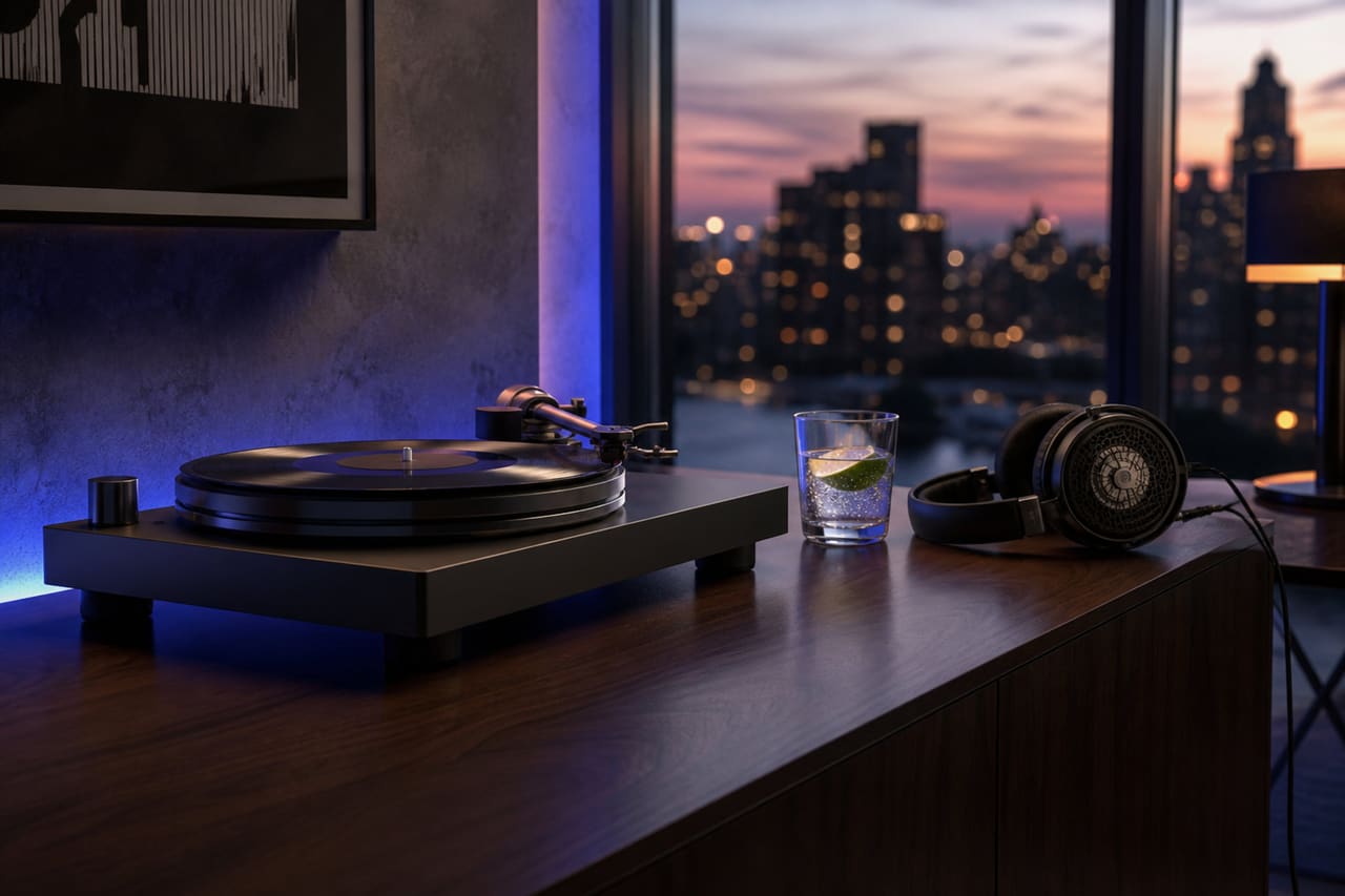 Vinyl Turntable and Headphones in a Moody Urban Lounge