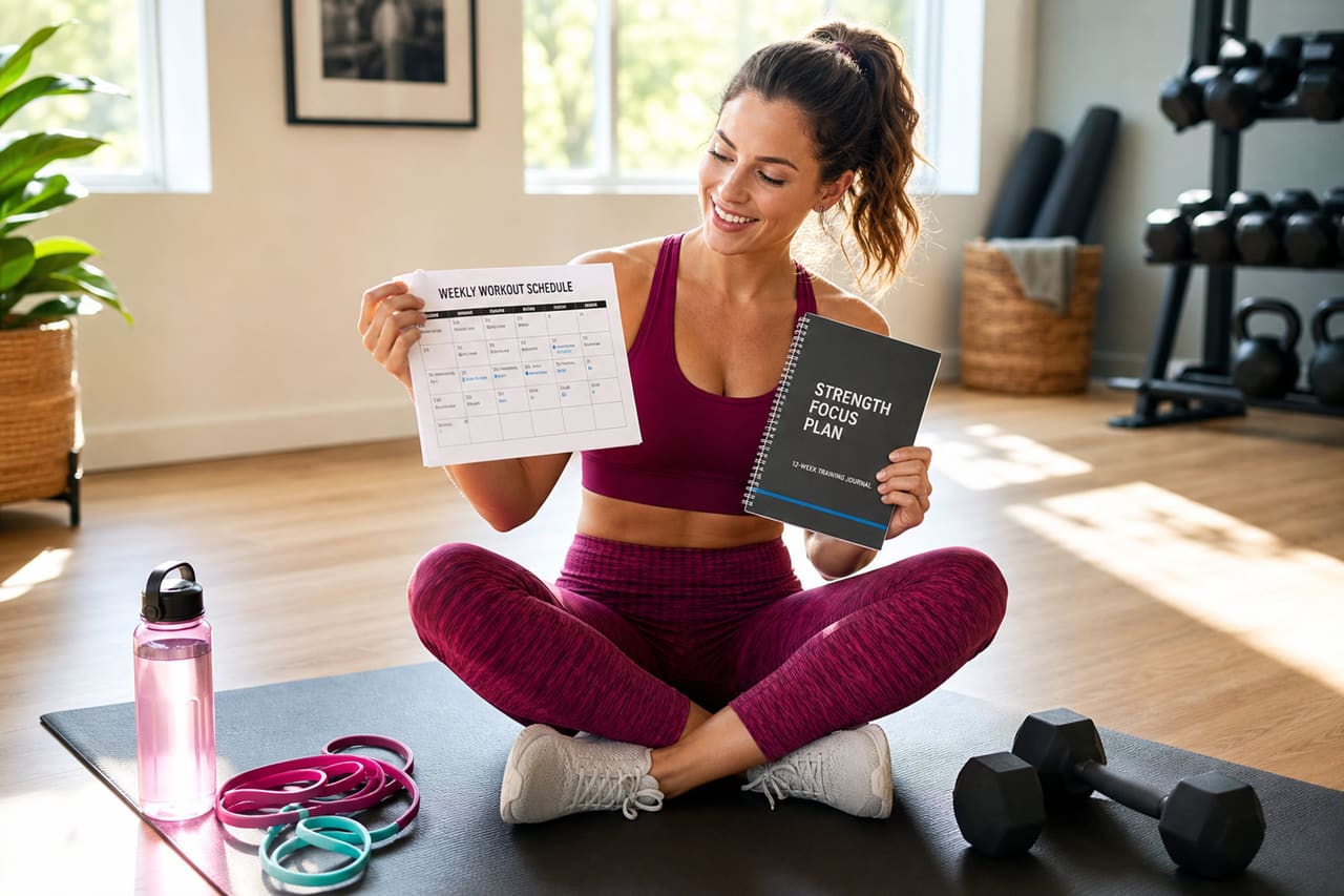 Woman Reviewing Her 8-Week Fitness Transformation Plan in Home Gym
