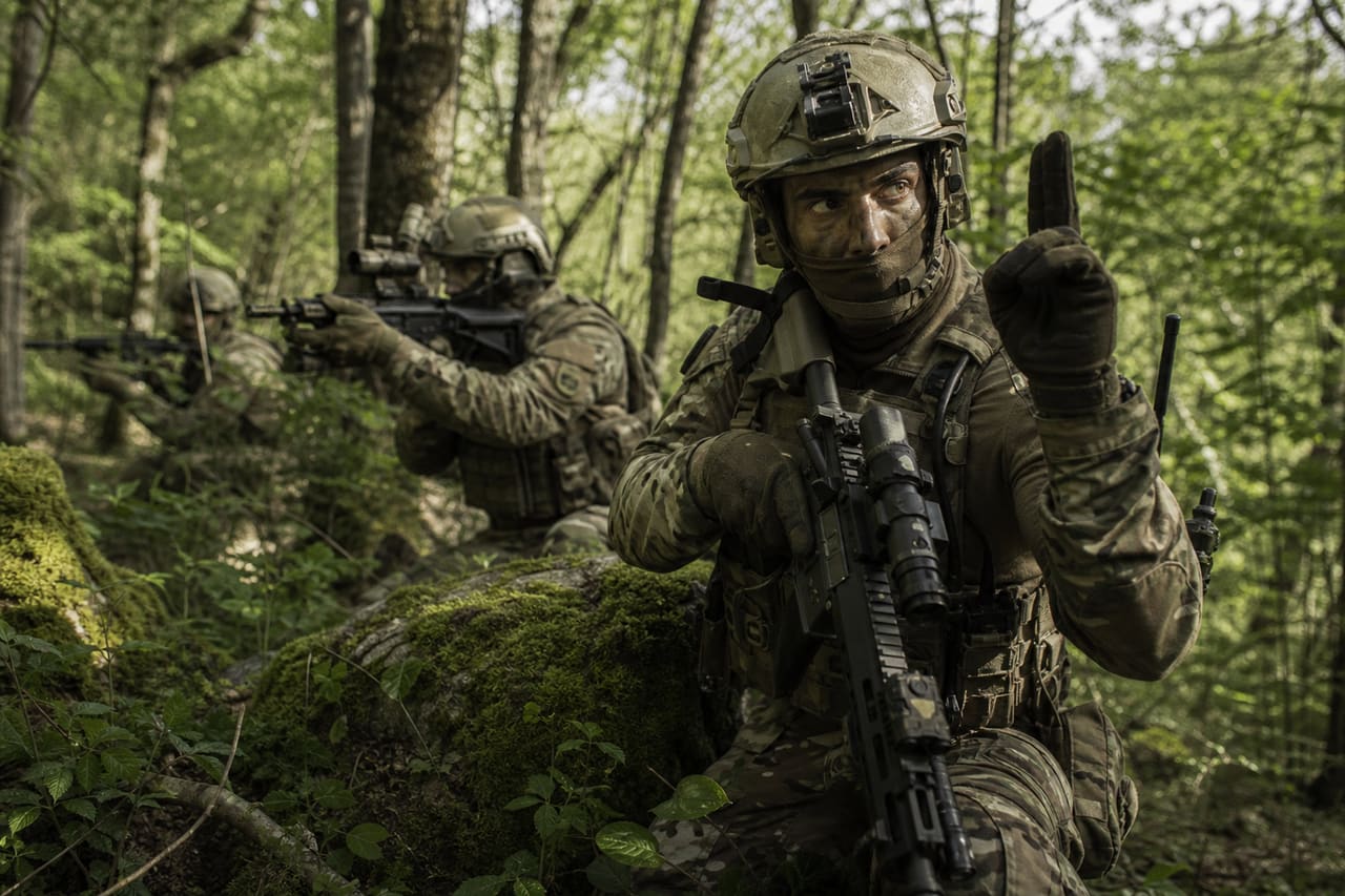 Military Squad Performing an Ambush Drill in Dense Forest