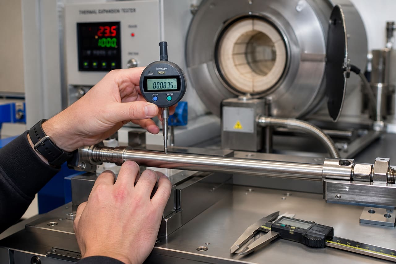 Engineer Measuring Thermal Expansion of Stainless Steel Rods