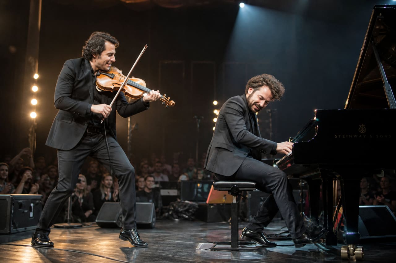 Violinist and Pianist Performing Energetically on a Concert Stage