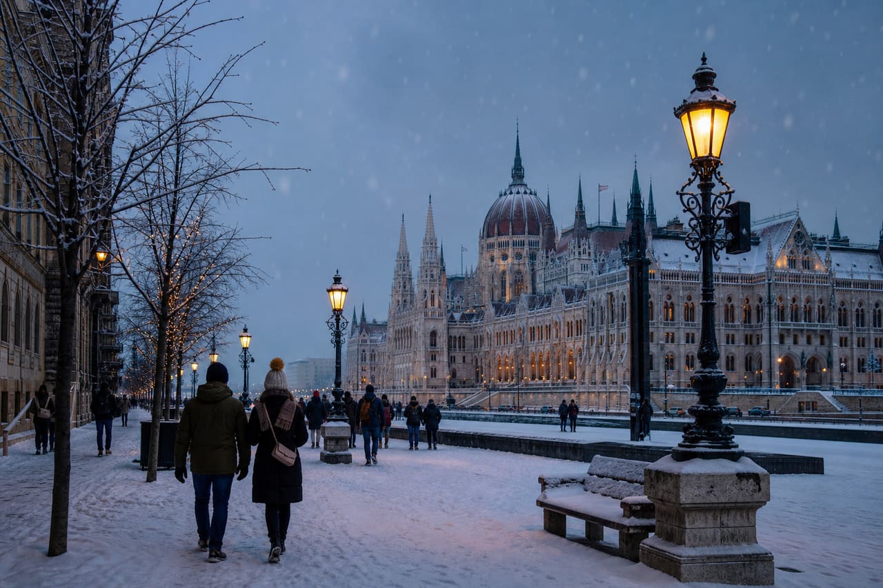 Snowy Winter Street Scene in Budapest with Parliament Building
