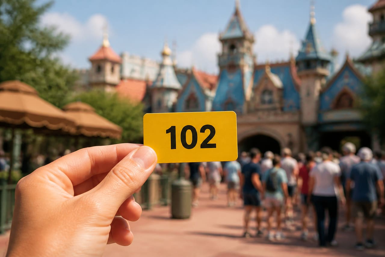 Numbered Plastic Queue Tickets Held by a Person in a Theme Park